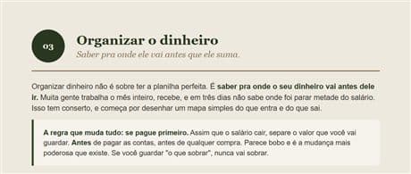 Página sobre organizar o dinheiro