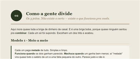 Página que mostra os três modelos de divisão das contas