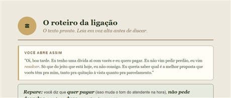 Página com o roteiro da ligação de renegociação